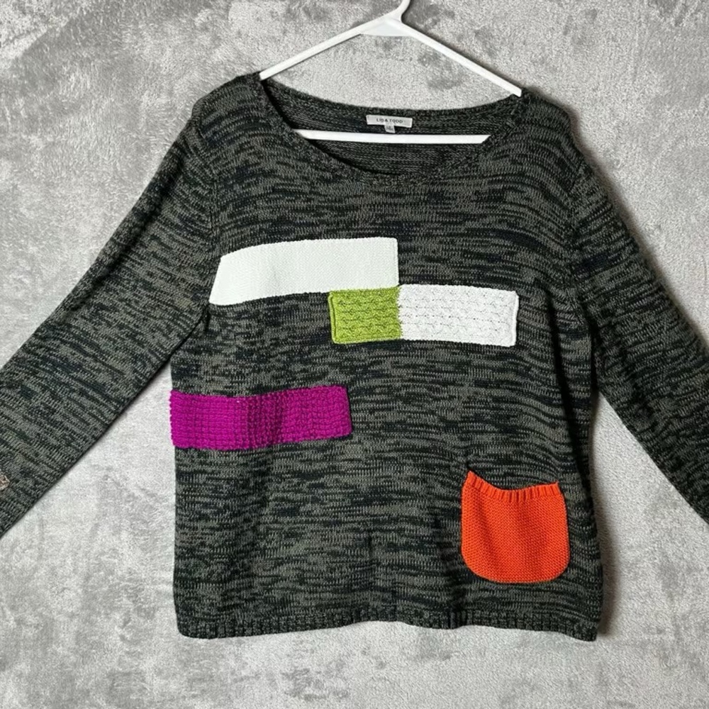 Charter Club Gray Marled Crewneck Sweater with Colorblock Accents - Picture 1 of 3